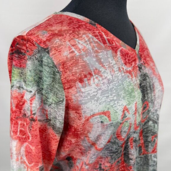 Laura Petites burnout graphic print long sleeve V-neck mesh top womens petite M - Picture 6 of 11